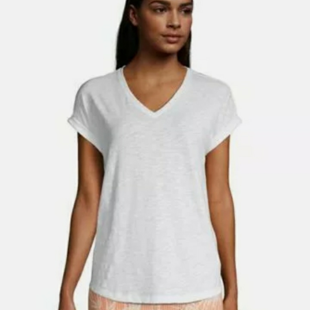 Lands' End Slub Jersey Short Sleeve V-Neck T-Shirt White, Size S